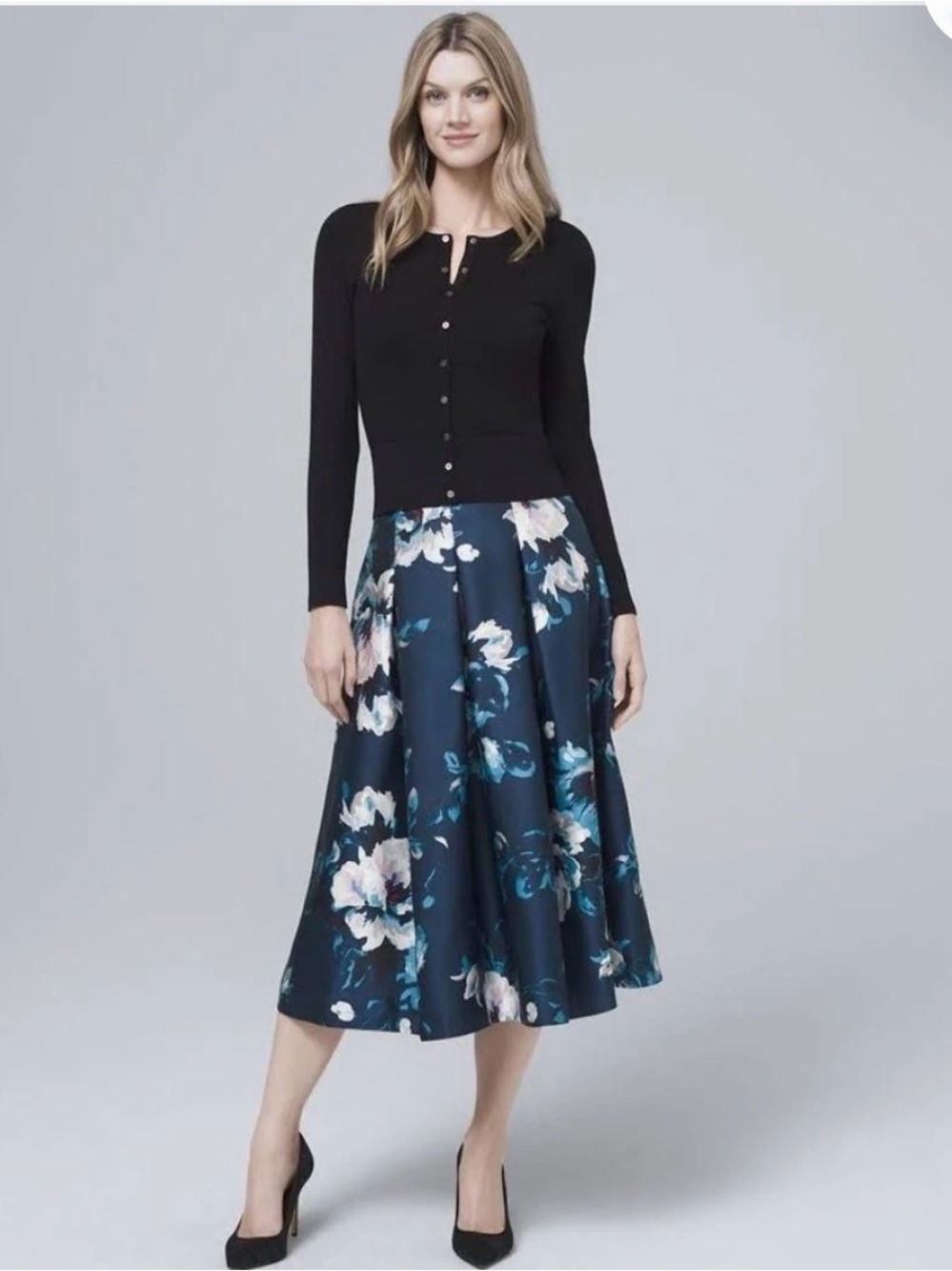 White House Black Market River Teal and Winter Berry Floral Midi Skirt